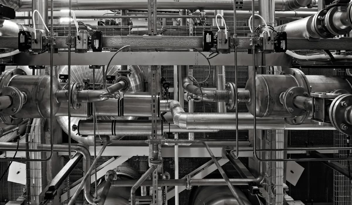 Industrial pipework and processing machinery in a manufacturing facility.